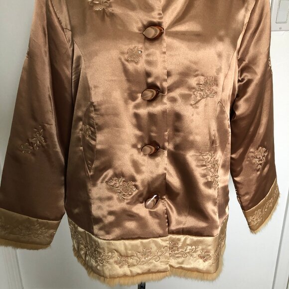 Light Copper Color Satiny Jacket with Embroidered Flowers and faux fur trim - Picture 3 of 14